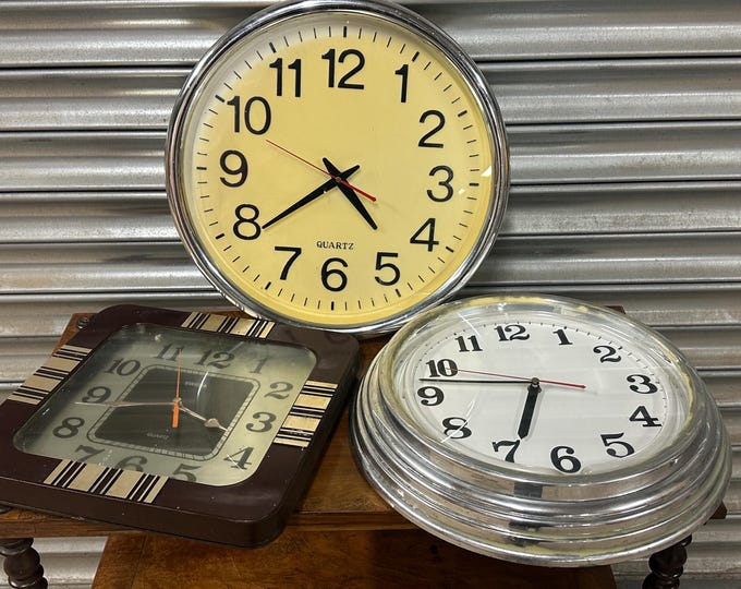 3 Vintage Retro Wall Clocks – Industrial Style Display/Prop