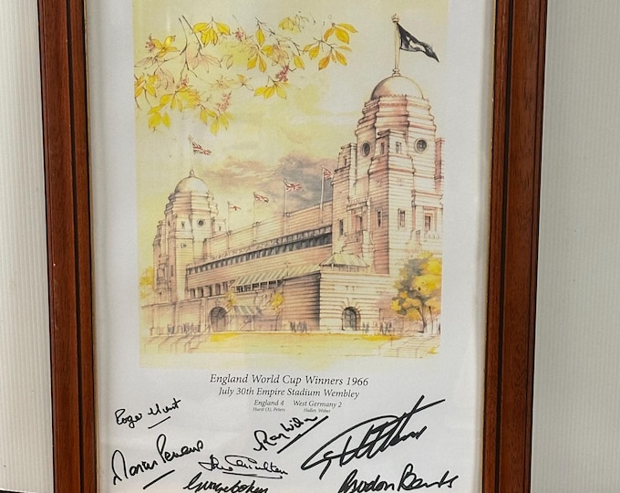 1966 England World Cup Winners Multi-Signed Print – Wembley Empire Stadium – Hurst, Peters, Banks, Charlton