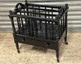 Beautiful Victorian Ebonised Canterbury With Handles, Single Drawer & On Original Castors