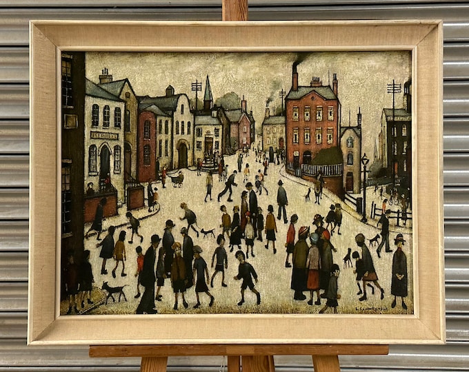 Vintage Mid Century L S Lowry Print On Board Titled ‘Village Square’