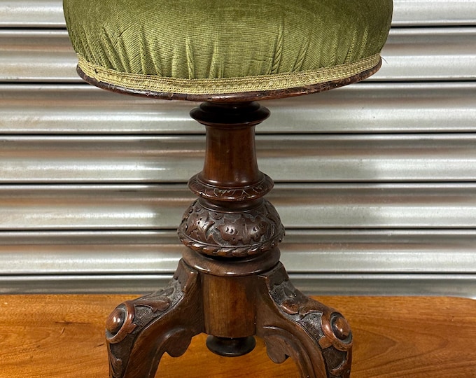 Antique Victorian Carved Mahogany Adjustable Piano Stool – Green Velvet Upholstery