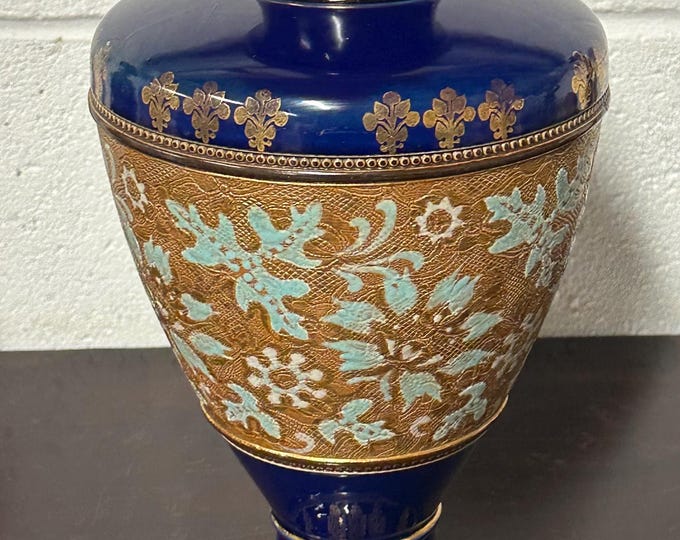 Royal Doulton Lambeth 13" Large Vase Gold Beaded Tapestry Artist Marked, Stunning