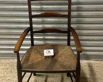 Antique 19th Century Elm Ladder Back Armchair With Rush Seat