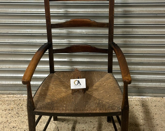 Antique 19th Century Elm Ladder Back Armchair With Rush Seat