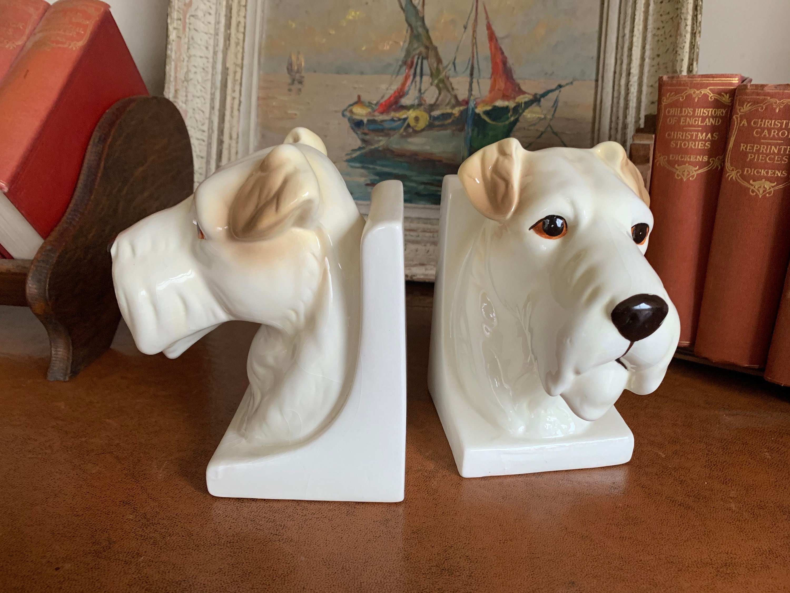 Beautiful Pair Of Vintage Ceramic Terrier Dog Bookends