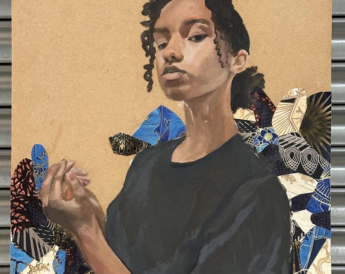 Mixed Media Art Acrylic & Collage Portrait Of A Young Black Girl Cupping Her Hands