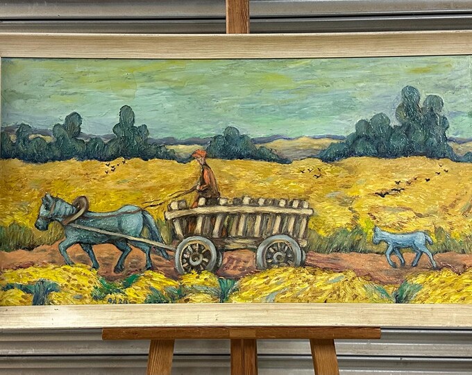Mid Century Oil Painting Horse-drawn Cart In A Field By Maria Baras 1968