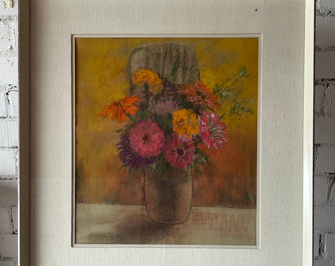 Beautiful Vibrant Original Still Life Pastel Study of Flowers of Marigolds & Zinnais Dated 1975