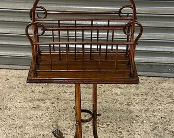 Antique Revolving Copper & Oak Magazine Rack Stand On Lion Paw Feet