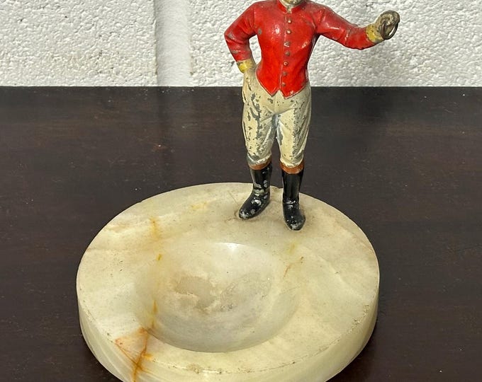 Antique c1900 Cold Painted Bronze Jockey Figure Onyx Ashtray