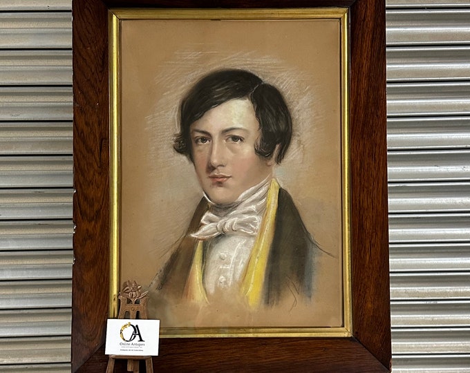 Original Antique c1840s Charcoal & Pastel Portrait Of W E Whitehouse - Unsigned