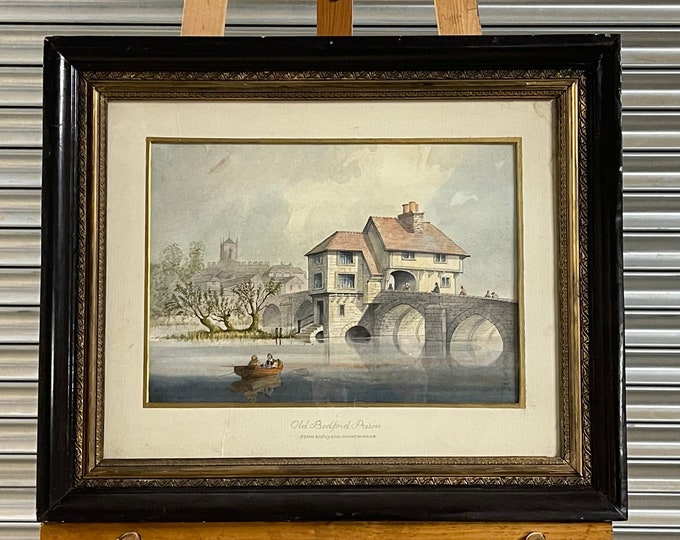 Wonderful 19thC Watercolour of Bedford Gaol where John Bunyan was Imprisoned