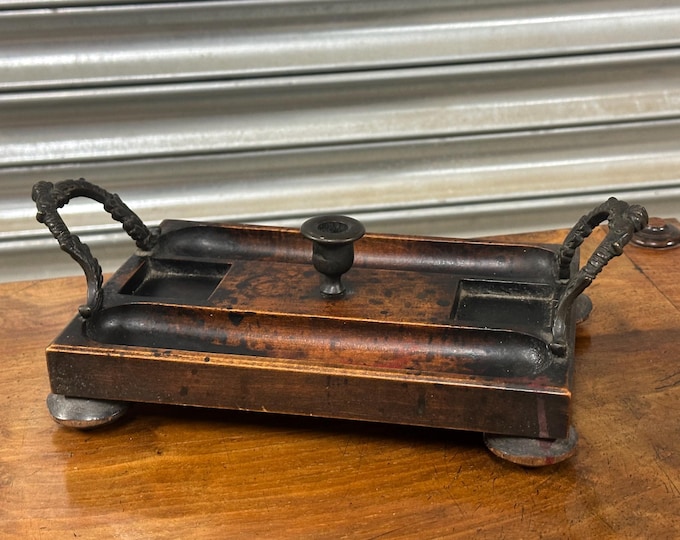 Antique Wooden & Bronze Desk Stand / Pen Tray with Central Candle Holder – Victorian Period