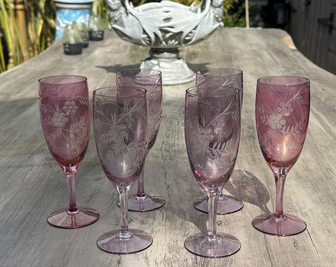 Six Vintage Bohemian Etched Cranberry Glass Flutes / Goblets