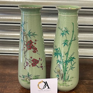 Beautiful Pair Of Vintage Japanese Celadon Vases With Hand Painted Flower Decoration