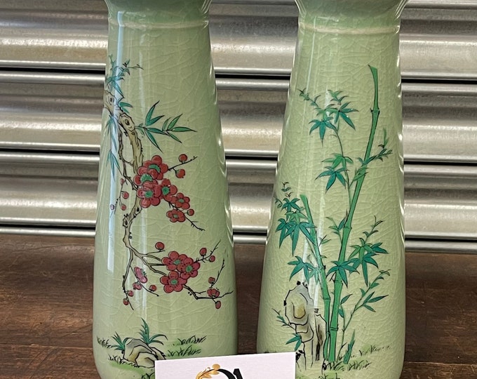 Beautiful Pair Of Vintage Japanese Celadon Vases With Hand Painted Flower Decoration