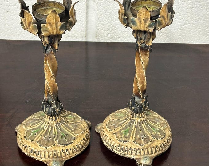 Pair Of Beautiful Early 1900’s Handpainted Metal Candle Holders.
