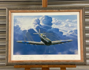 Limited Edition Framed & Glazed Print of a Spitfire ‘Out of the Sun’ by Brian Petch,  signed by pilots