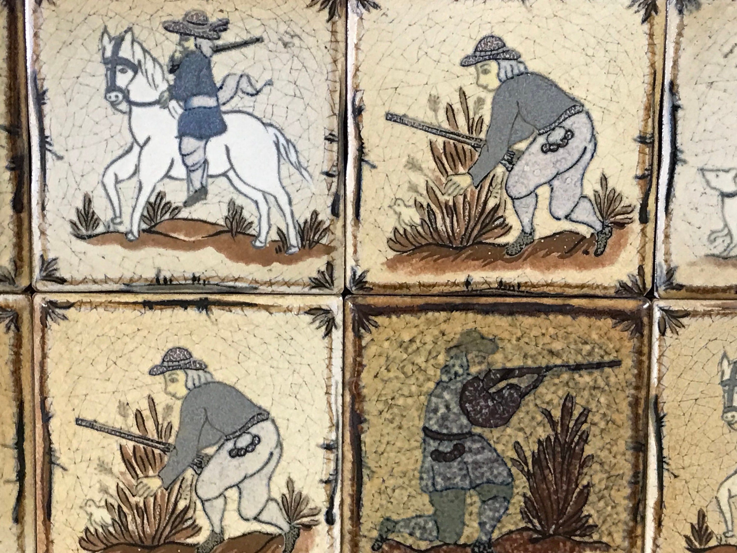 Rare 19th Century Hand Painted Glazed Ceramic Tiles With Hunting Scenes