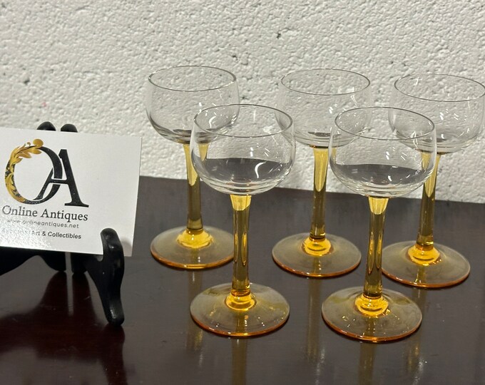 Beautiful Set Of 5 c1930’s Handmade Amber Long Stemmed Wine Glasses