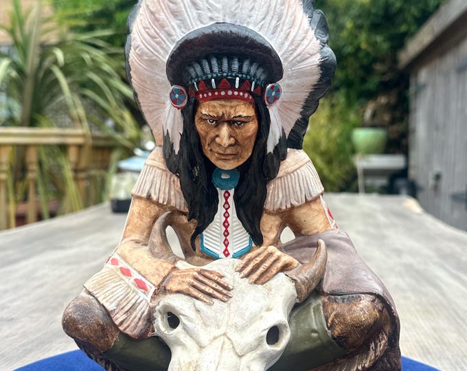 Vintage Native American Chief Ceramic Figure With Buffalo Skull – Hand Painted Figurine c1990