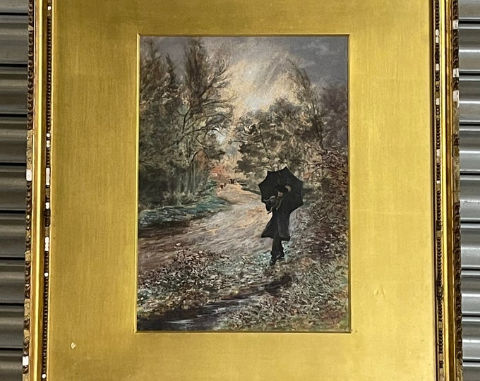 Original 19th Century Watercolour Of A Gentleman Walking in the Rain by Macbeth