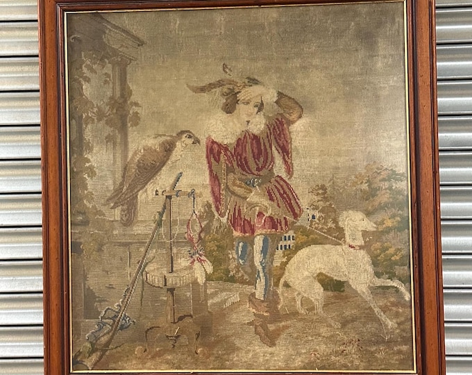 Antique Victorian Wool Work Tapestry Artwork – Falconer & Greyhound Hunting Scene