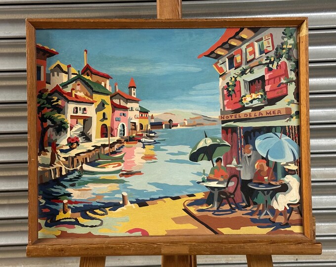 Lovely Vibrant Mid Century Oil On Board Of A French Harbour Scene ‘Hotel De La Mer’
