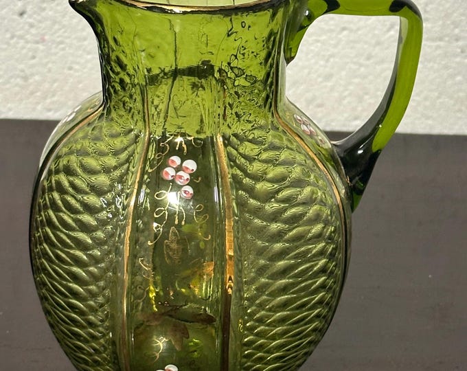 Gorgeous Antique c1900’s Handblown Green Glass Jug With Hand Painted Decoration