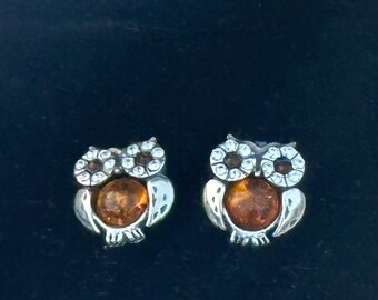 Gorgeous Pair of Silver 925 and Amber Set Owl Earrings with Cubic Zirconia stones