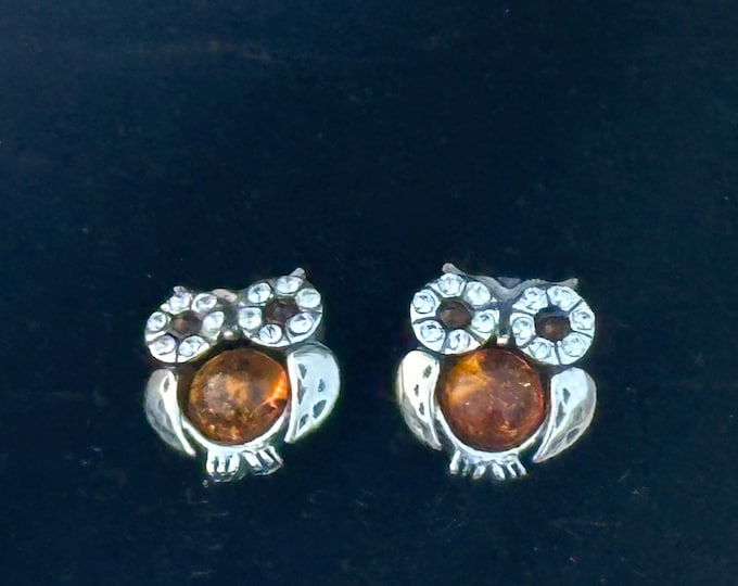Gorgeous Pair of Silver 925 and Amber Set Owl Earrings with Cubic Zirconia stones
