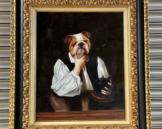 Original Vintage Oil Painting on Canvas Of A Bull Dog Portrait Figure By Prevost