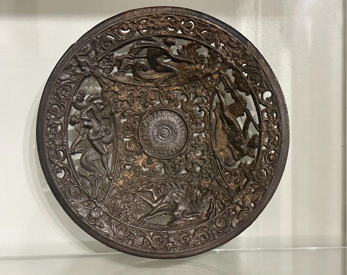 Antique Coalbrookdale Cast Bronze Decorative Plate – Mythological Figures & Scrollwork