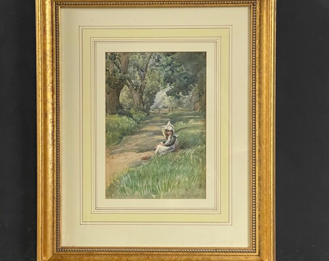 Beautiful 19th Century Watercolour by Tom Simpson Depicting a Young Girl Sitting on the Grass with Her Book