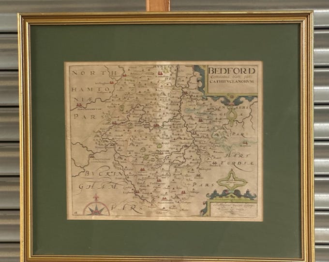 Antique Hand Coloured 17thC Christophorus Saxon Map of Bedfordshire Dated 1610
