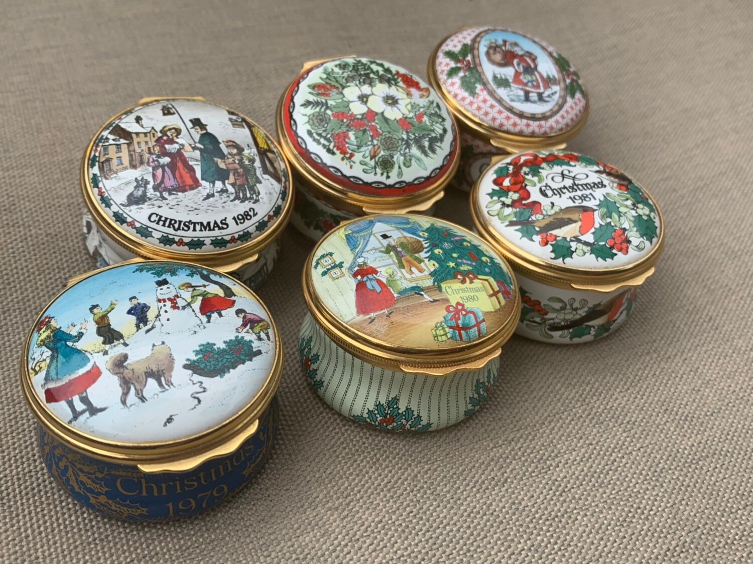 Six Halcyon Days Enamels Christmas Trinket Pill Boxes - Absolute Bargain