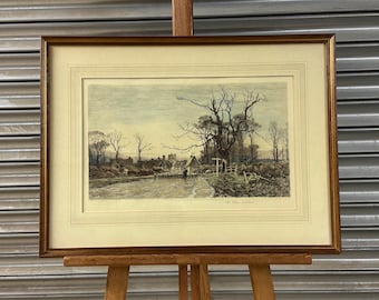 Antique 1885 Wilfrid Ball Etching “The Village of Elstow” – Hand-Coloured