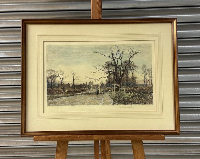 Antique 1885 Wilfrid Ball Etching “The Village of Elstow” – Hand-Coloured