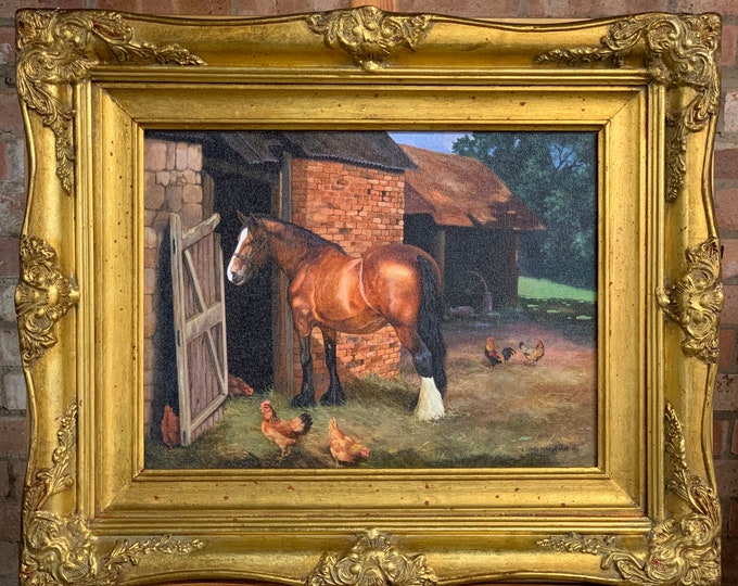 Beautiful Oil on Canvas of a Bay Cob Horse in a Farm Yard Scene Titled ‘Waiting’ by the British Artist, John Lewis Fitzgerald