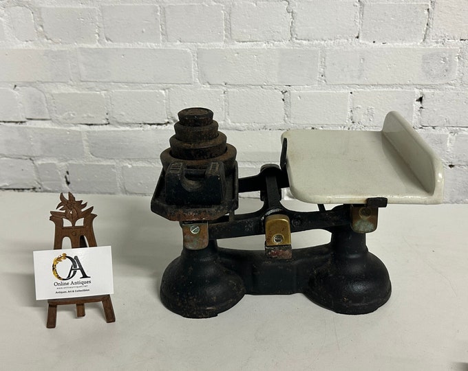 Antique Cast Iron Kitchen Cheese Scales with Ceramic Weighing Plate And Mix of Cast Iron Weights