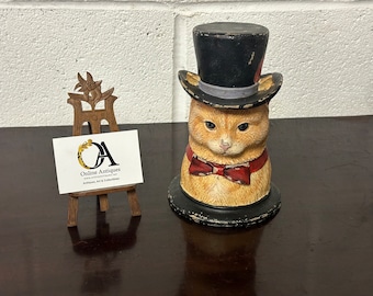 RARE Victorian Hand Painted Syroco Jar in form of a Cat. Detailed modeling of his fur, top hat with feather, dickie bow