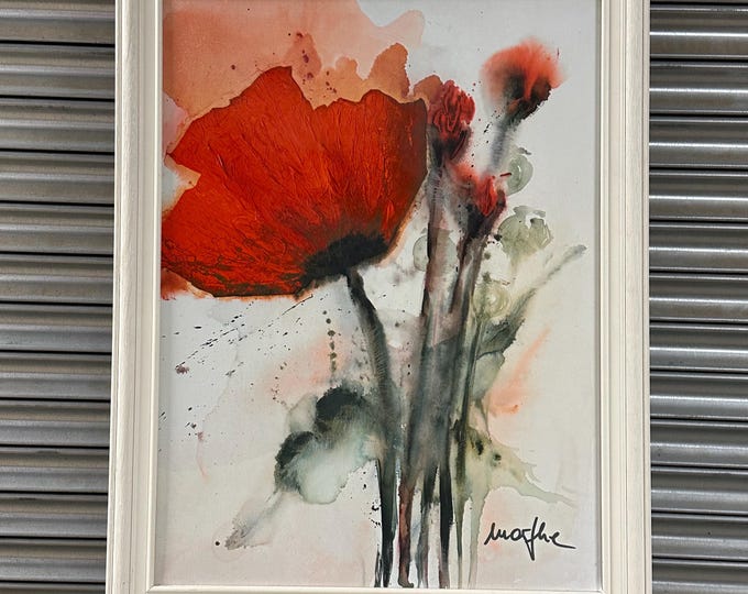 Large Framed Lithograph Print Titled Bouquet Of Poppies I By Marthe