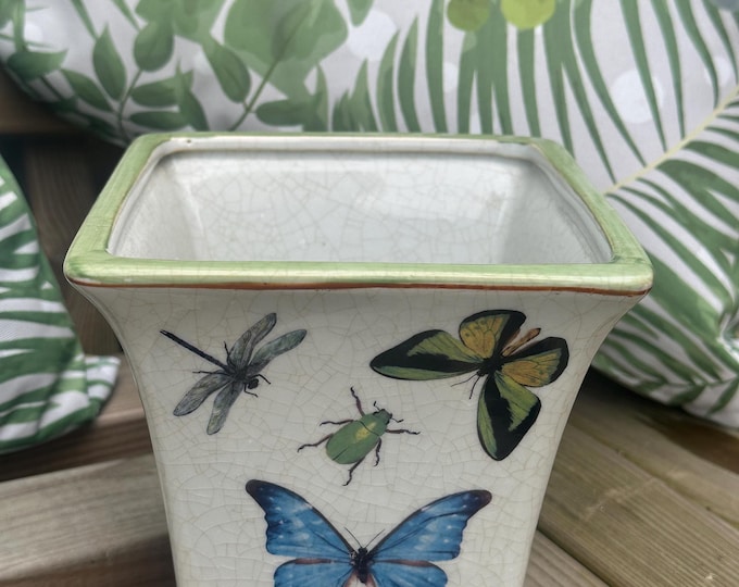 Vintage India Jane Square Ceramic Butterfly Decorated Plant Pot Jardinere
