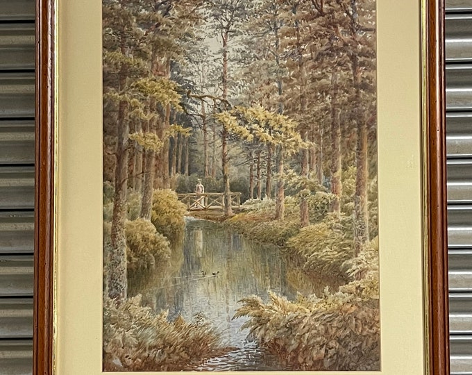Beautiful Framed & Glazed Watercolour Of A Lady On A Bridge In A Wooded Scene with Ducks On the Pond