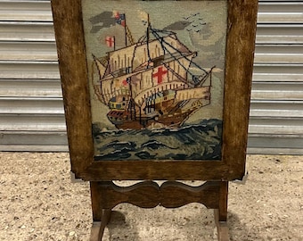 Antique Oak Folding Firescreen / Occasional Table with Tapestry Panel - needs work and attention