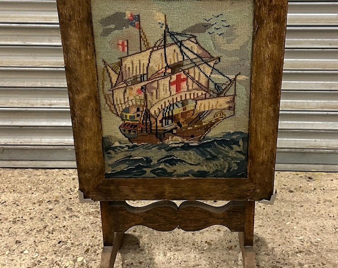 Antique Oak Folding Firescreen / Occasional Table with Tapestry Panel - needs work and attention