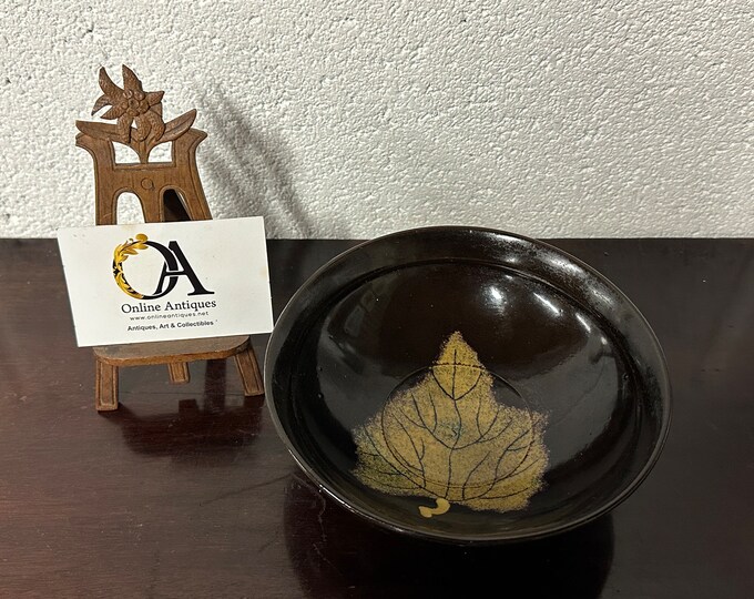 Vintage Studio Pottery Bowl with Hand Painted Gold Coloured Leaf to Centre