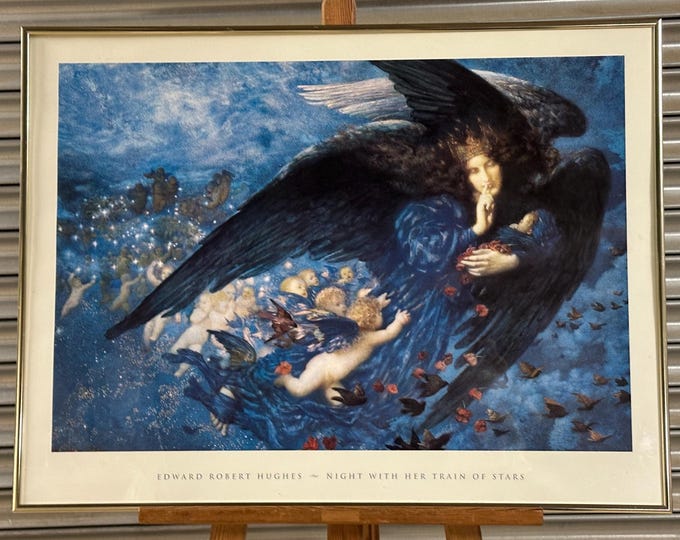 Large Framed and Glazed Vintage Print Titled Night with Her Train of Stars, after Edward Robert Hughes 1912