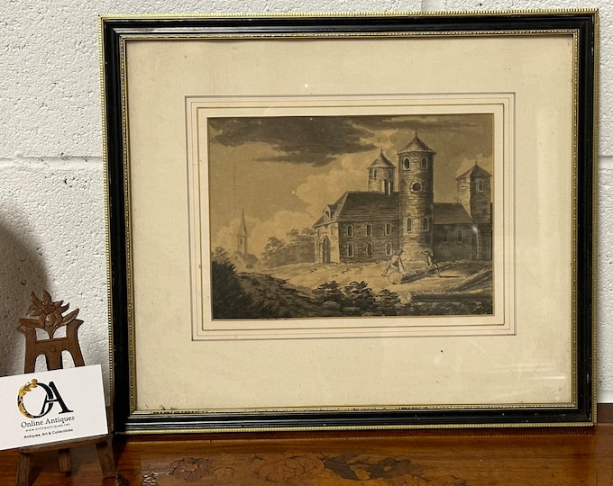 A Lovely Original Early 19th Century Watercolour Of Two Woodcutters Cutting Trees Down in Front of a Church or Castle