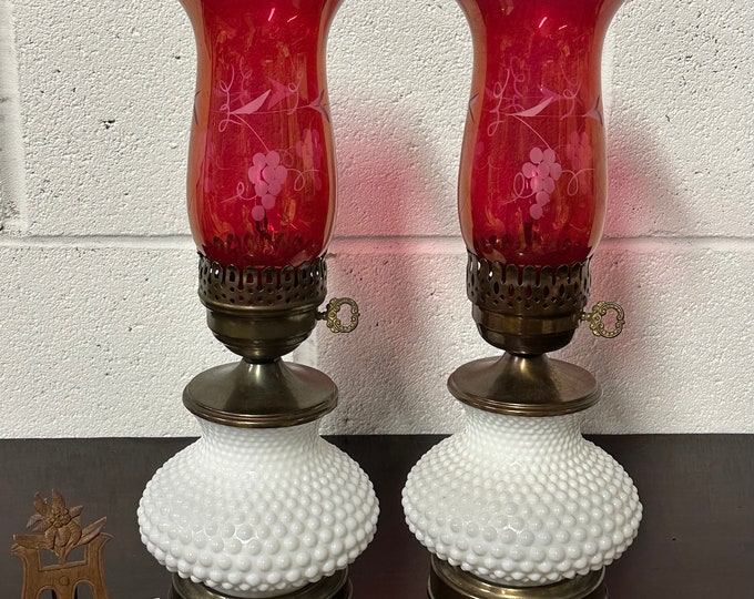 Beautiful Pair Of Victorian Table Lamps With Etched Cranberry Glass Shades